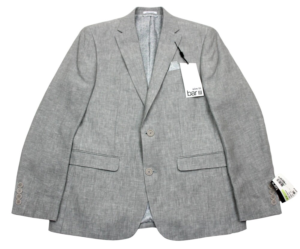 Bar III Blazer Mens 38 R Light Grey Slim Fit Linen Two Button Sport Coat Jacket